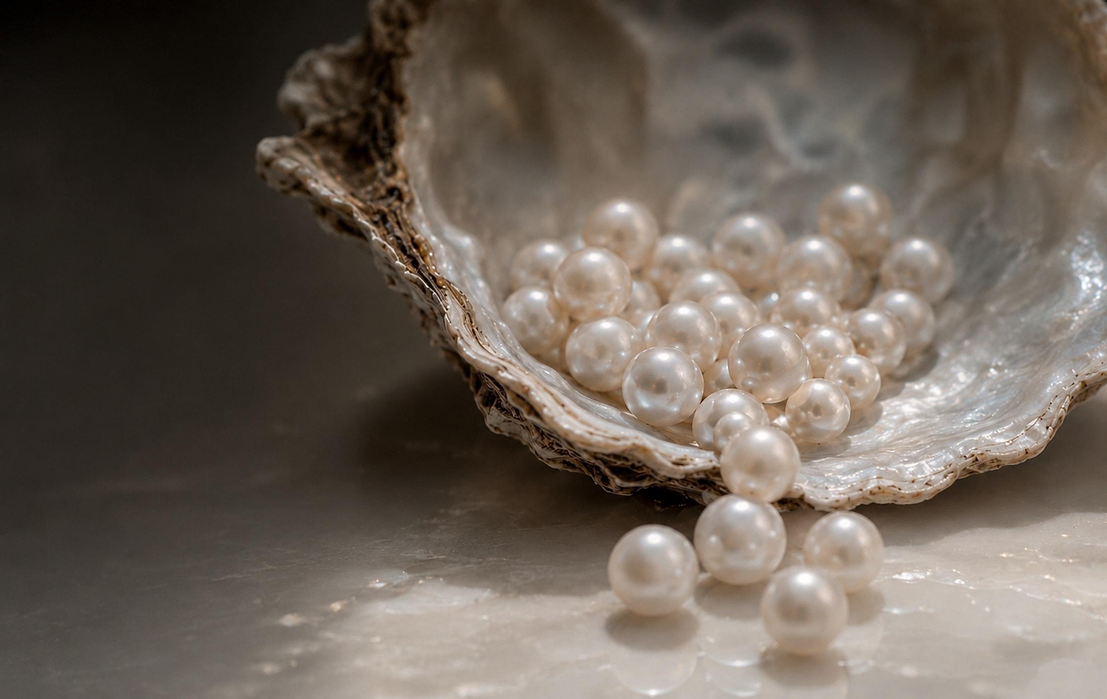 Natural freshwater pearls in an oyster shell, Kaanha's